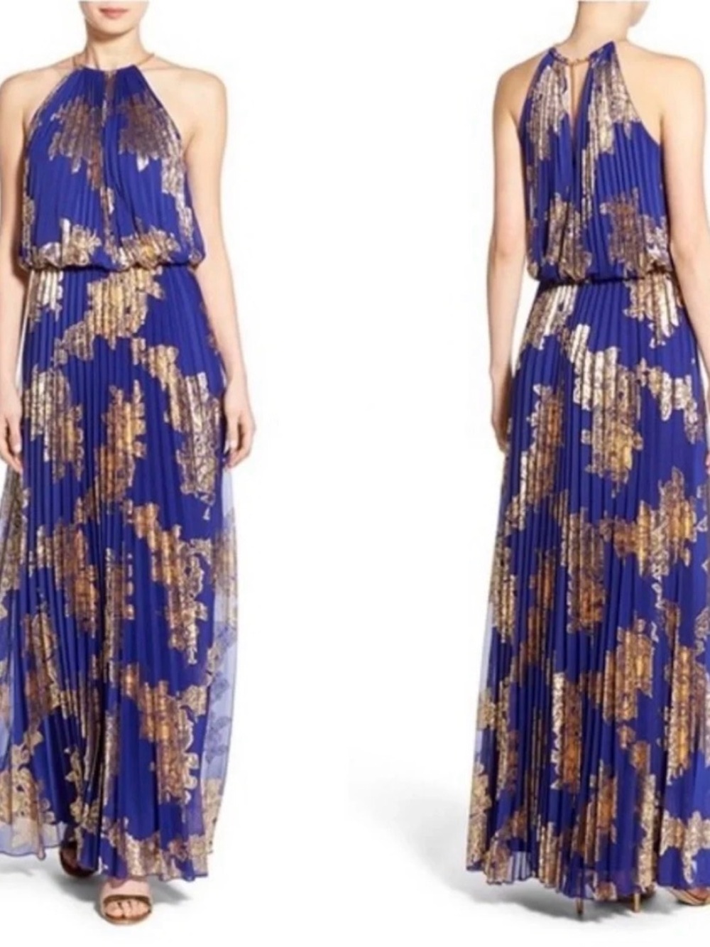 Xscape gold and royal blue dress